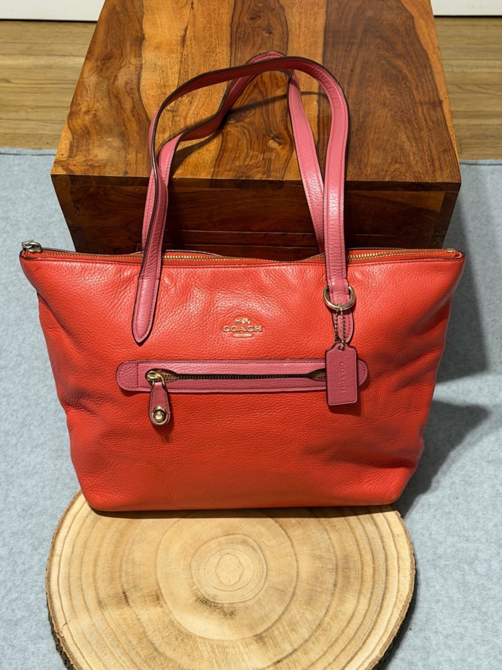 Coach Taylor Red Leather Tote Bag with Pink Accents Shoulder Purse